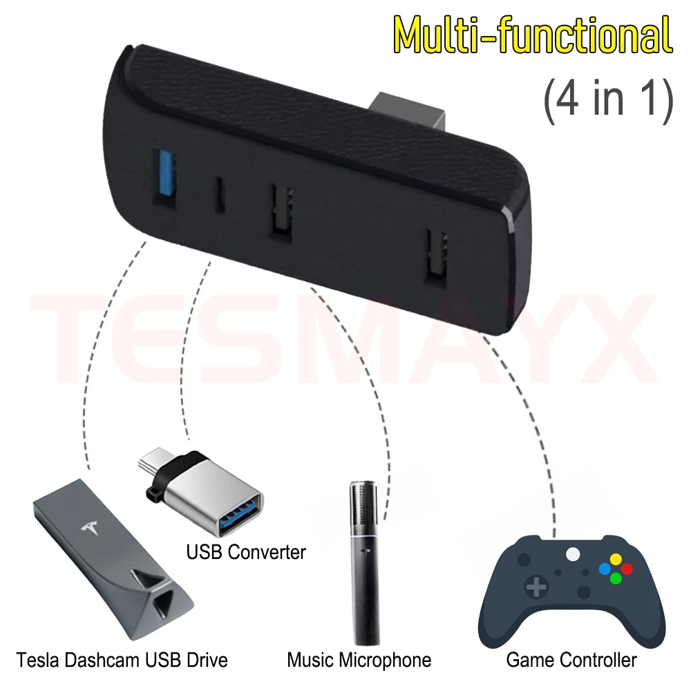 Stacja dokująca do schowka samochodowego Tesla Model 3 Y 3+ Y Juniper, hub USB, porty USB, rozgałęźnik USB 4-w-1, ładowarka, ulepszenie, transfer danych
