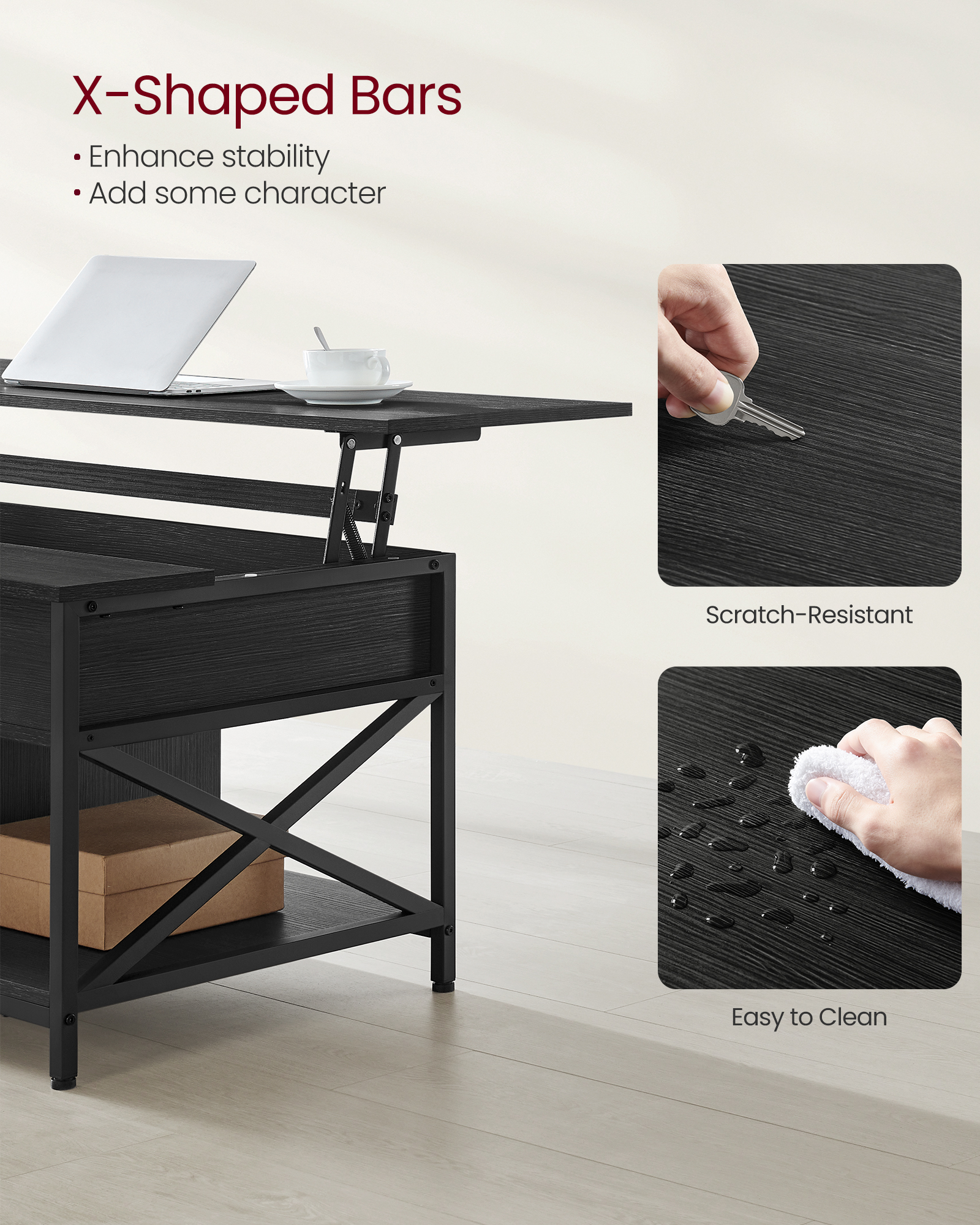 VASAGLE Coffee Table, Lift-Top Table Coffee Table for Living Room, Coffee Table with Open and Hidden Storage, X-Shaped Bars