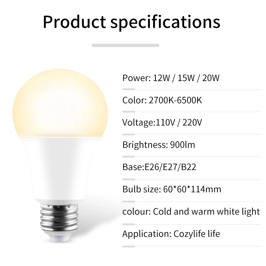 Bombillas LED inteligentes WiFi de 12W/15W/20W, 110V, 220V, E27, lámpara LED para cocina y dormitorio, Control por aplicación Cozylife, funciona con Alexa y Google Home