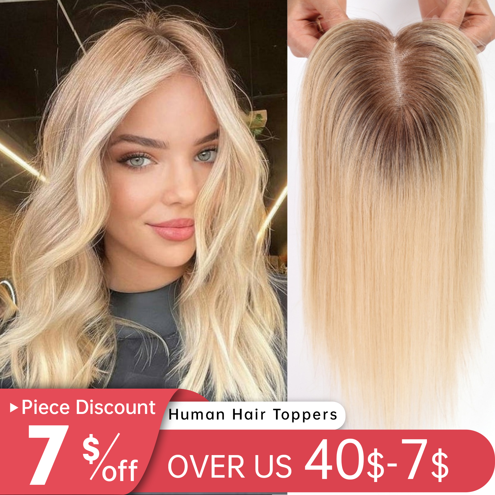 Loira Ombre Remy Toppers de Cabelo Humano para Mulheres, 100% Real Remy, Clipe Base de Renda, Pedaços de Cabelo, Cabelo Afinando, Uso Diário