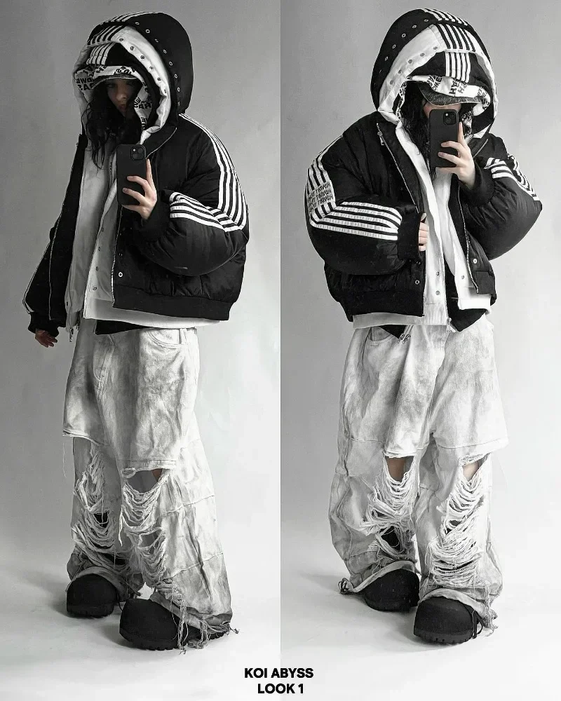 Harajuku rua hip hop listrado solto zíper jaqueta quente algodão-acolchoado jaqueta goth moda personalidade jaqueta para homem e mulher