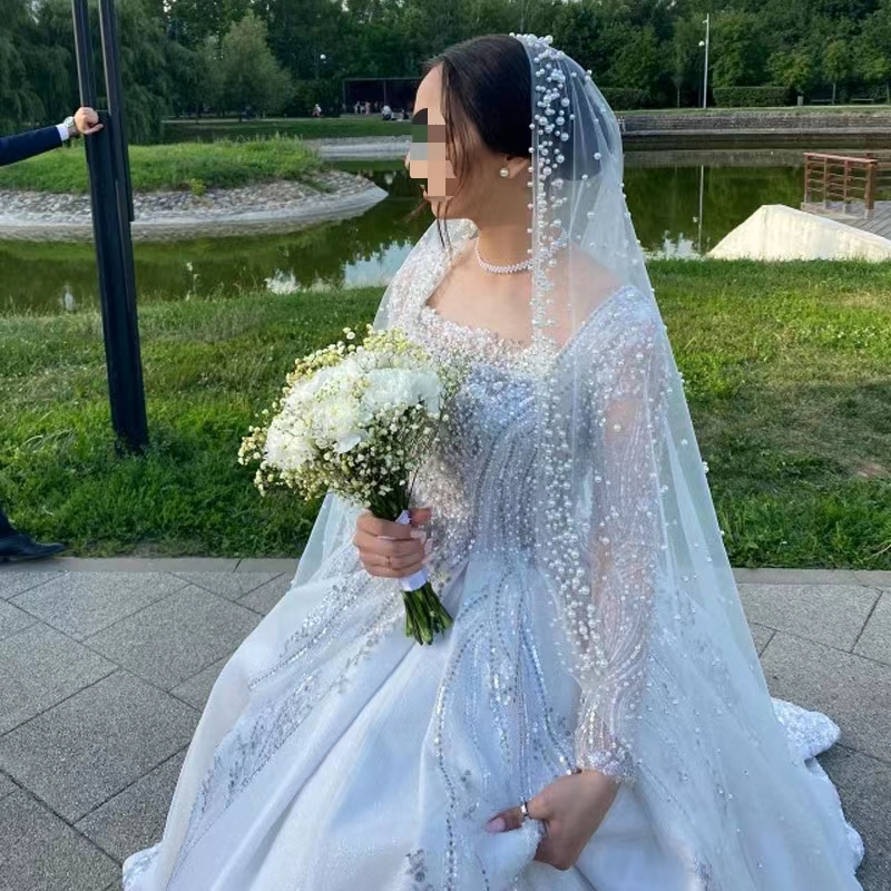 Bride Pearl Veil Woman Ivory White 2025 New Wedding Accessories 1.5m Wide One Floor Cathedral Velos de Noiva  custom made veil