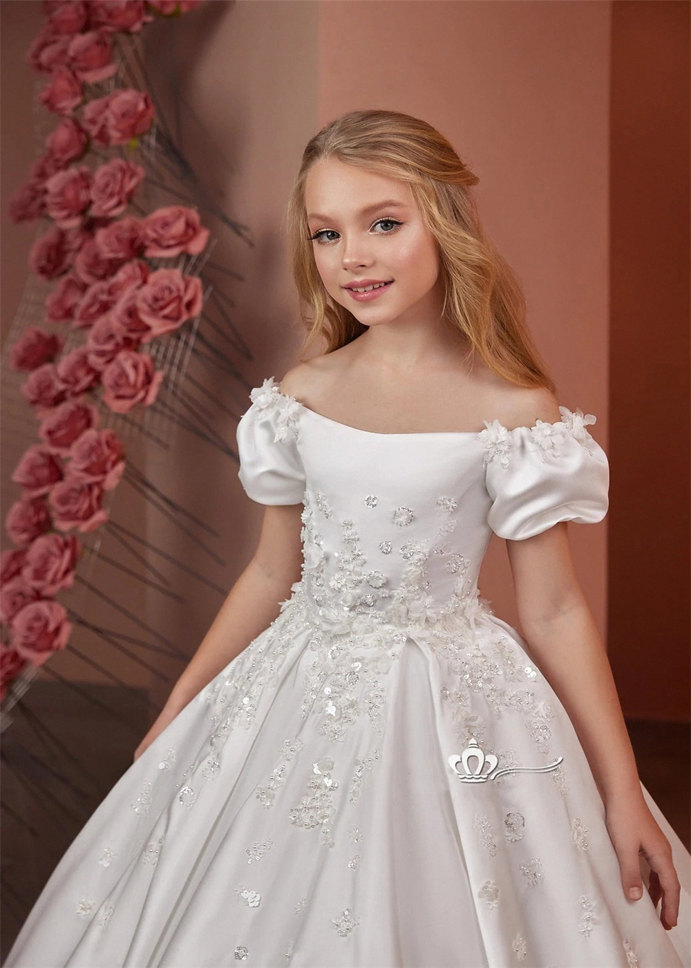 Elegante Blumenmädchenkleider für die Hochzeit, Satin, Perlen, Blumenmuster, bodenlang, für Mädchen, Kindergeburtstag, Erstkommunion