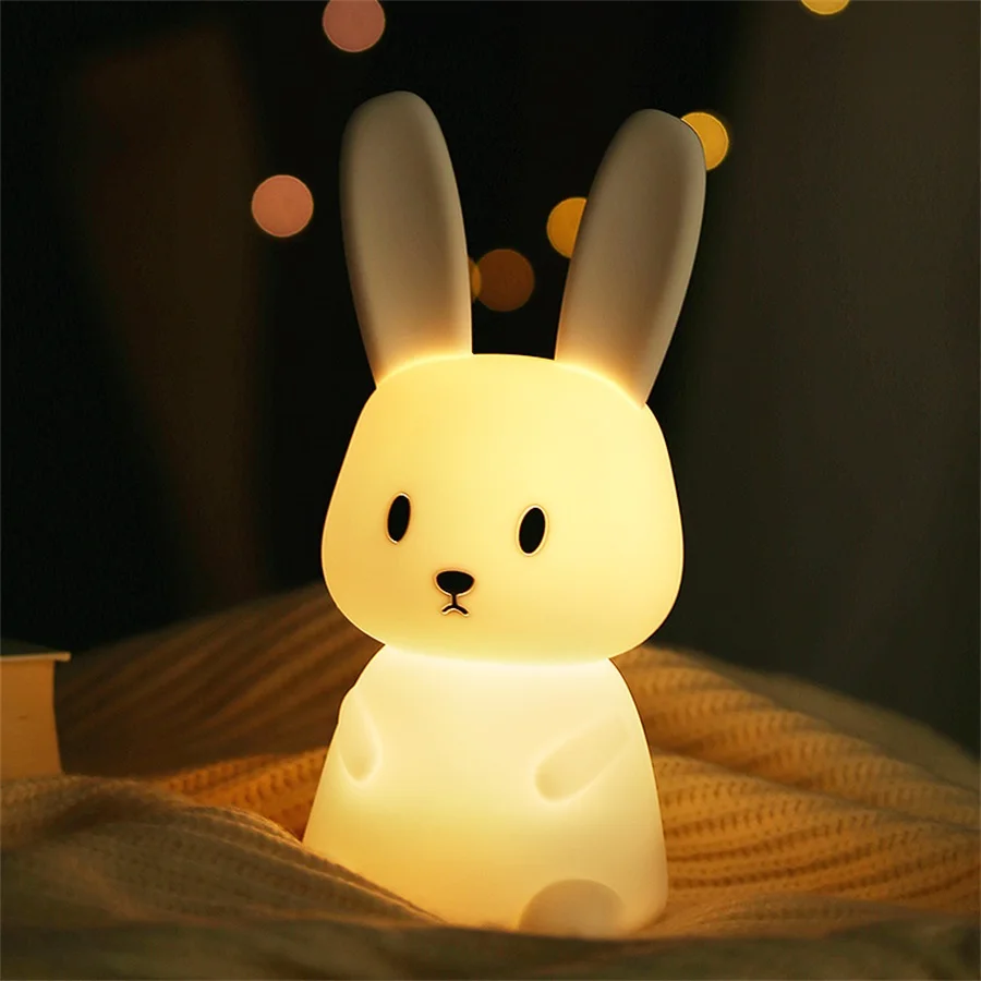 Luz LED nocturna con bonito conejo, viñetas de animales, lámpara de silicona regulable, recargable por USB para niños, regalo para dormitorio, luz para dormir