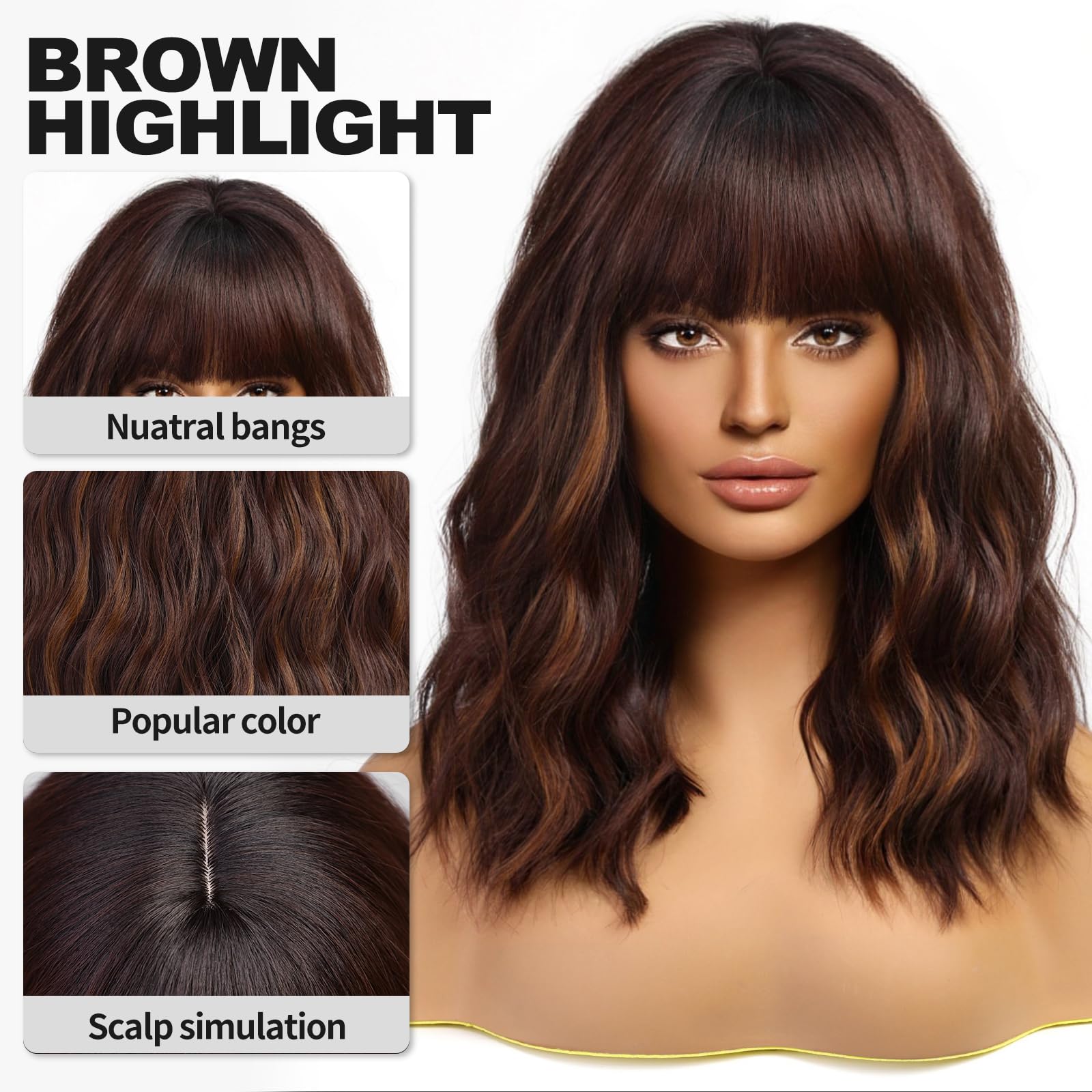 Peruca curta marrom com franja, cabelo ondulado natural para mulheres brancas, resistente ao calor, sintética, comprimento do ombro