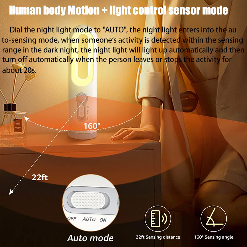 Lampe de poche Portable 2 en 1 avec capteur de mouvement, veilleuse pour chambre à coucher, salle de bain, lecture, Camping, alimentation pour bébé, soins oculaires, lampe de chevet