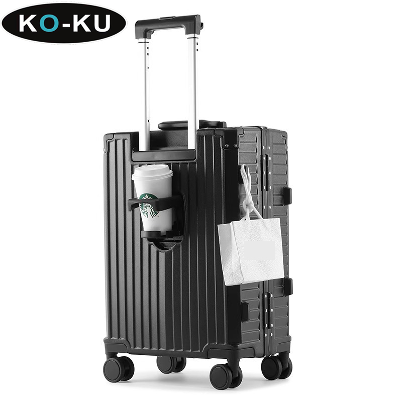 KO-KU Aluminium Frame Trolley Case Front Open Cover Multifunction Business Travel Suitcase Cup Holder USB Port 20'' Boarding Box