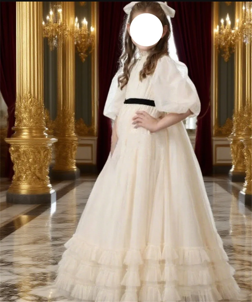 Weißes, elfenbeinfarbenes Tüll-Blumenmädchenkleid für die Hochzeit, Perlen, Spitze, Prinzessin, Festzug, Geburtstag, bauschige Mädchenkleider
