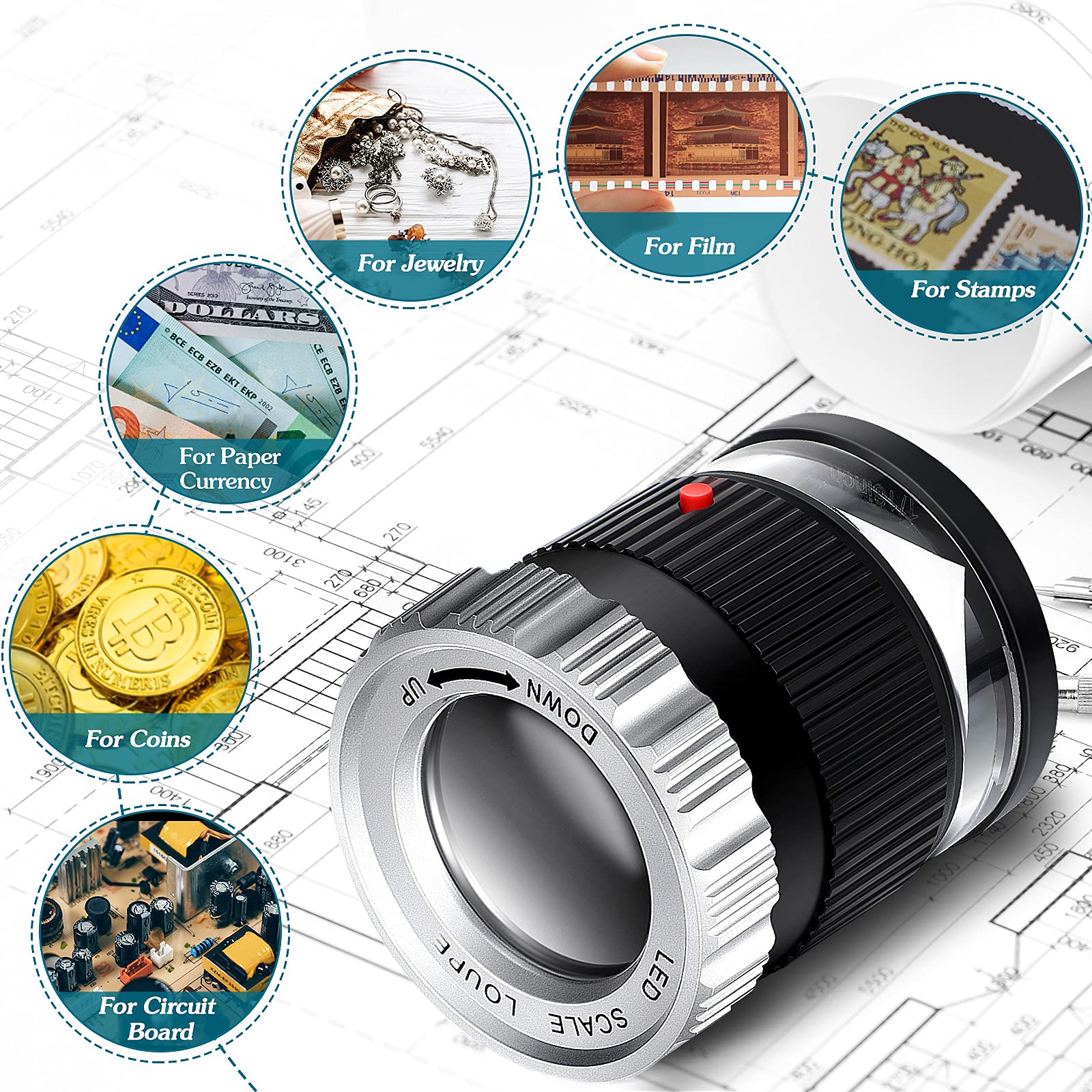 30X Pocket Magnifier with Scale LED UV Light Illuminated Magnifying Glasses Adjustable Focal HD Loupe Jewelry Tool Reading Lupa