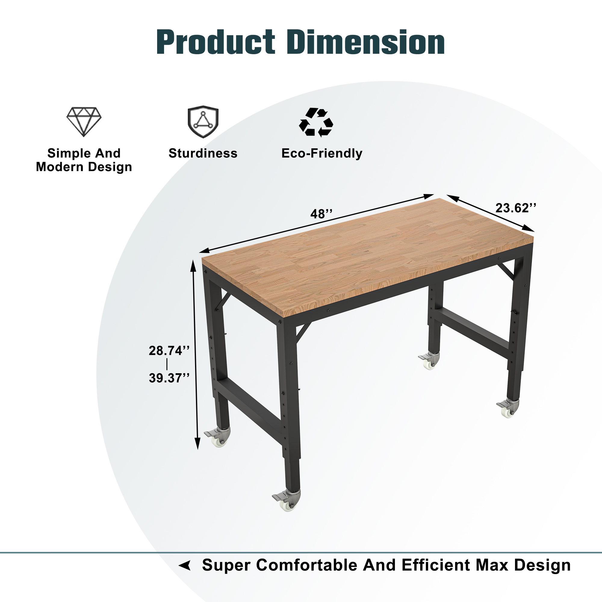 LZBEITEM 48"Heavy-Duty Adjustable Workbench table W/Metal Wheels, Hardwood Workstation Weight Capacity over 2000 Lbs with Wheels