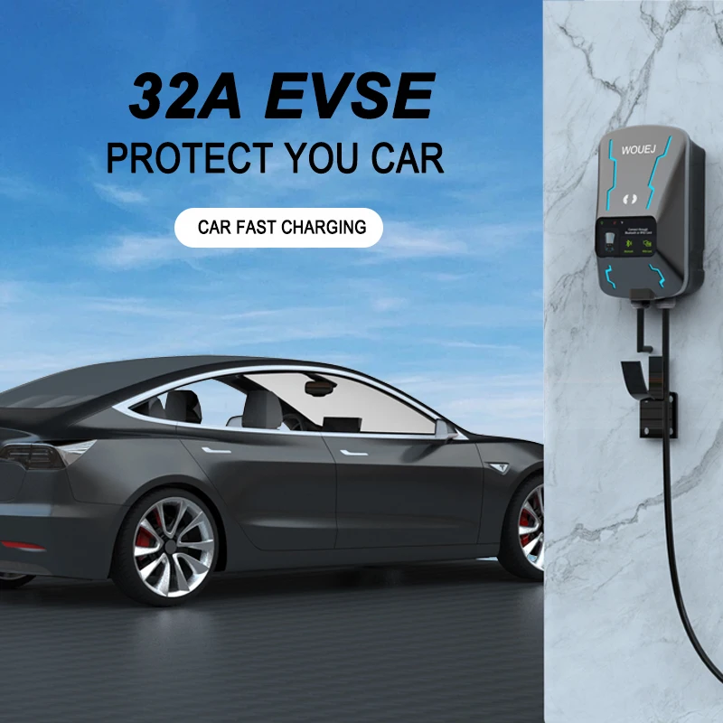 Estación de carga WOUEJ EV W3 tipo 2 7KW 6-32A cargador de vehículo eléctrico monofásico Wallbox aplicación Control de voz tarjeta RFID pantalla LCD