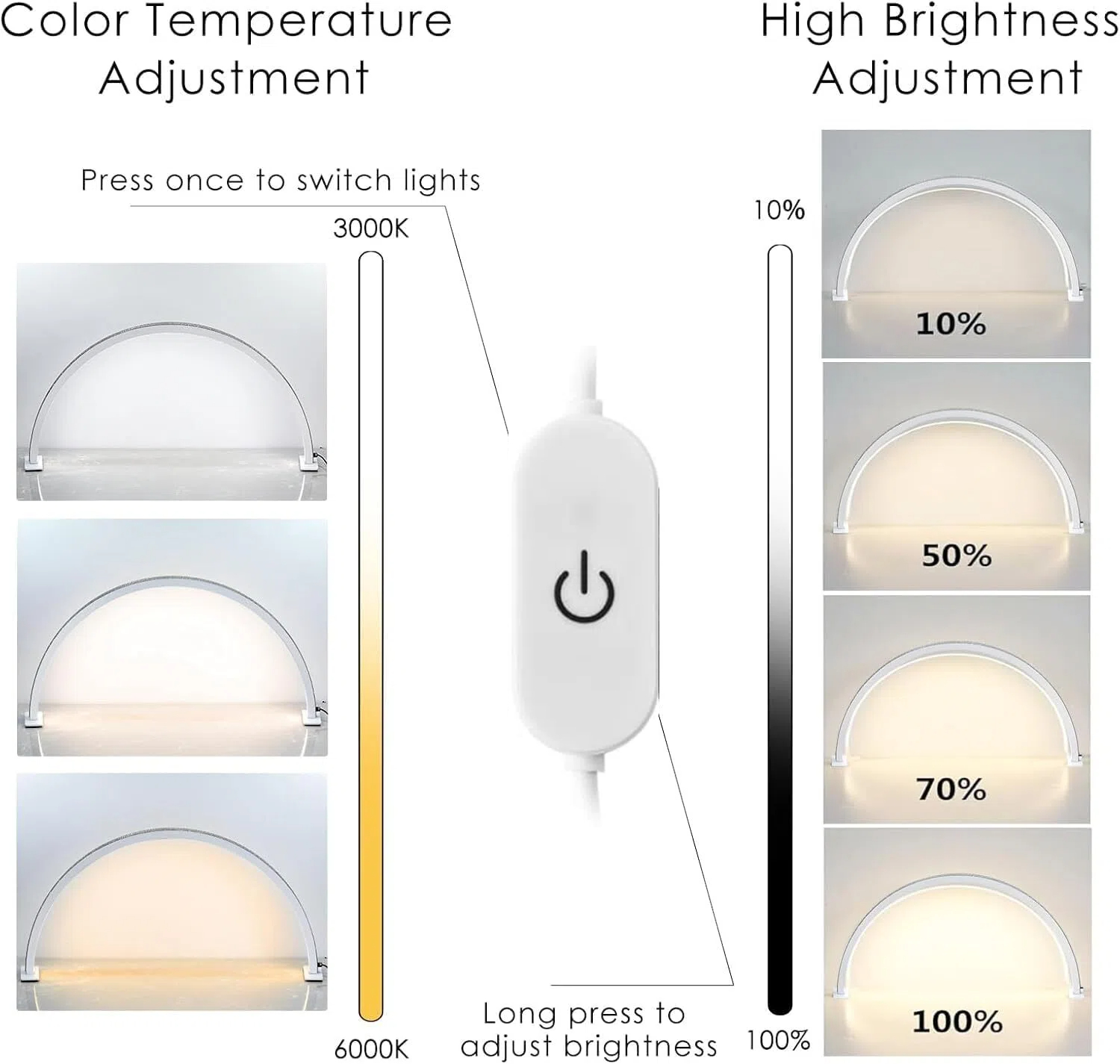 Lámpara de media luna de 48W para escritorio de uñas regulable 3000-6000K maquillaje manicura salón de belleza luz LED manicura lámpara de uñas de media luna