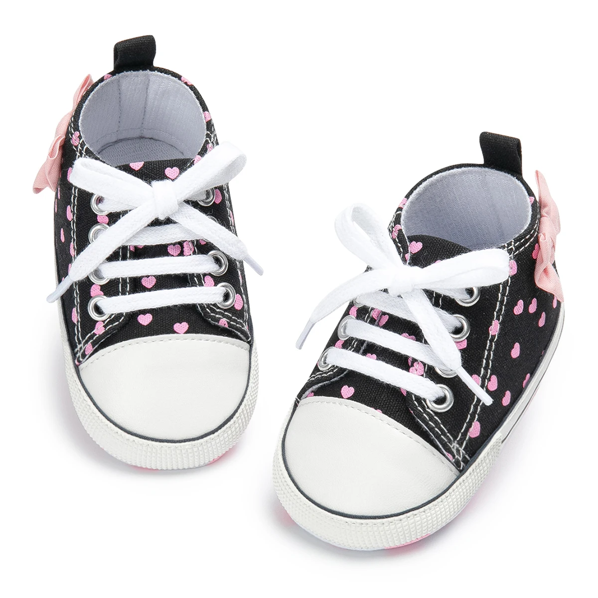 Bebê recém-nascido meninas sapatos moda bowknot coração impressão clássico lona casual alta topos tênis macio anti-deslizamento sola primeiros caminhantes