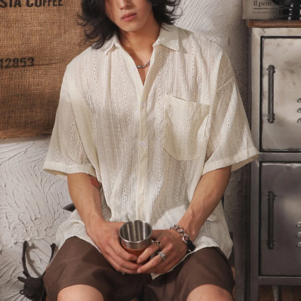 Мужские повседневные свободные рубашки с короткими рукавами и карманами, модные ретро-модные универсальные топы для отпуска/повседневного использования, однотонные