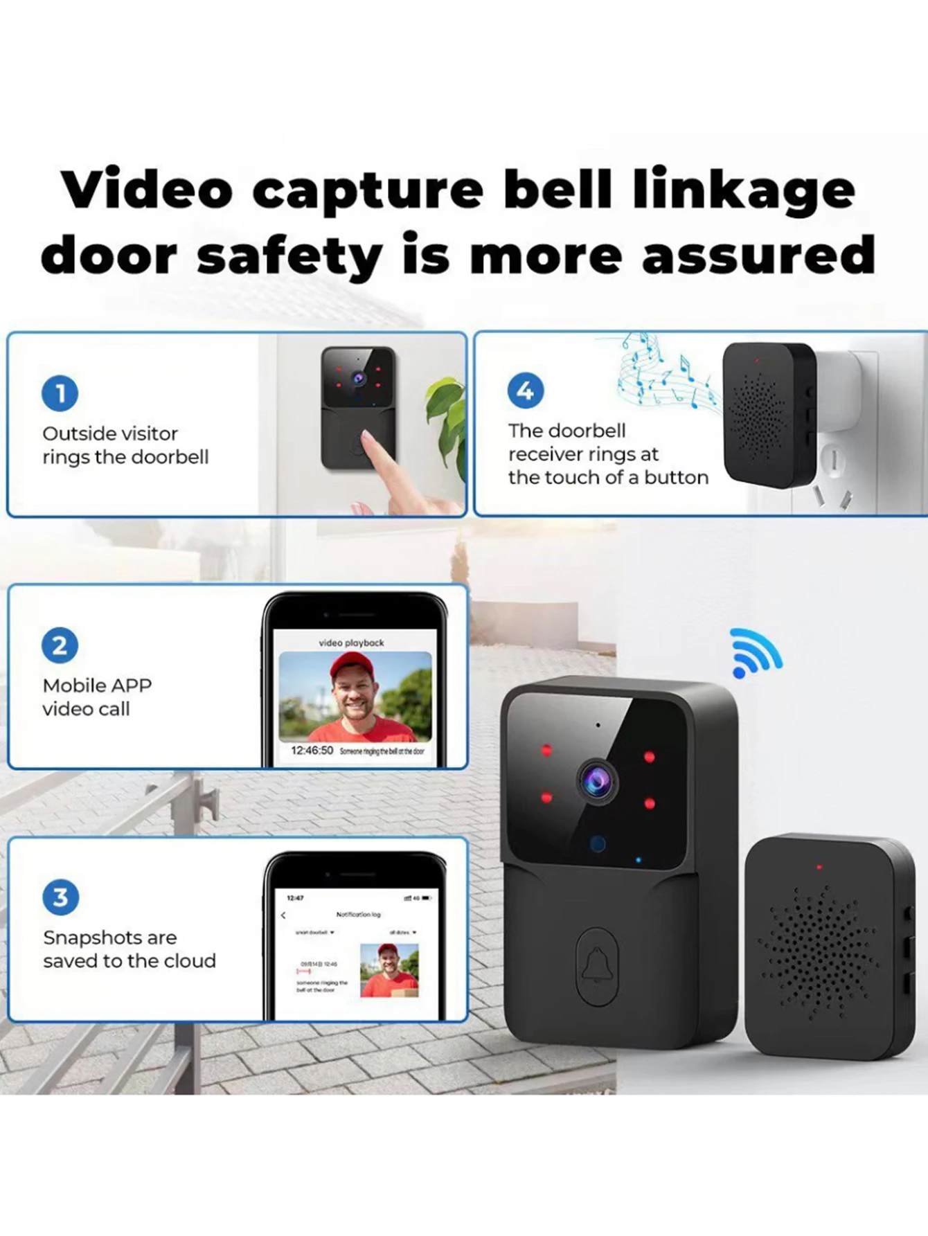 Timbre de vídeo con enlace WIFI de baja potencia, modelo recargable, timbre de visión nocturna, seguridad inteligente HD, 1 arrastre, 1 intercomunicador para el hogar