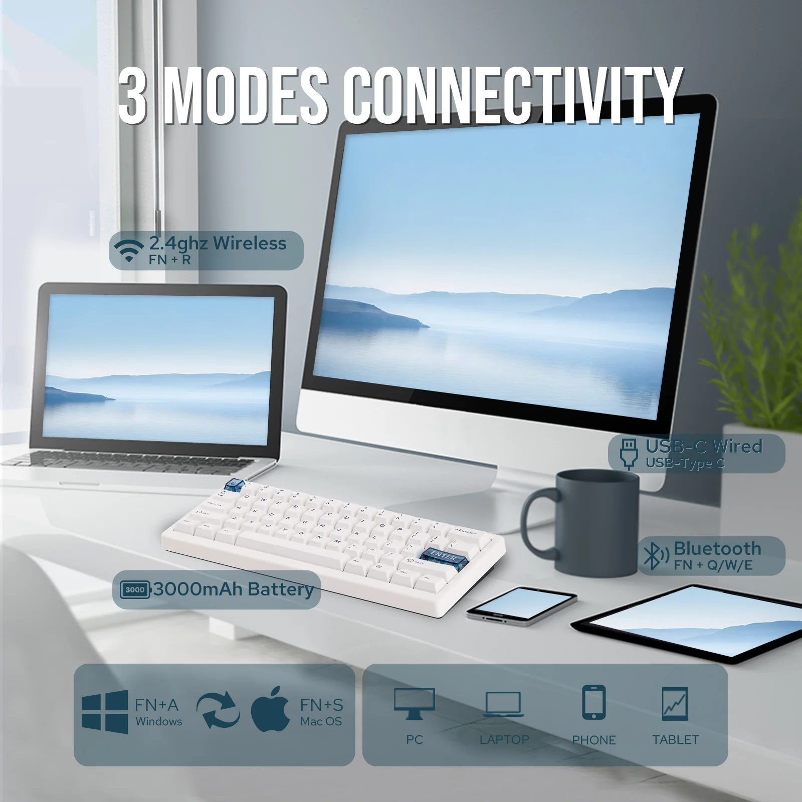 CIDOO QK61 V2 VIA-Programmable 60% Gasket Structure Wired/2.4GHz Wireless/Bluetooth Compact Keyboard with South-Facing LEDs