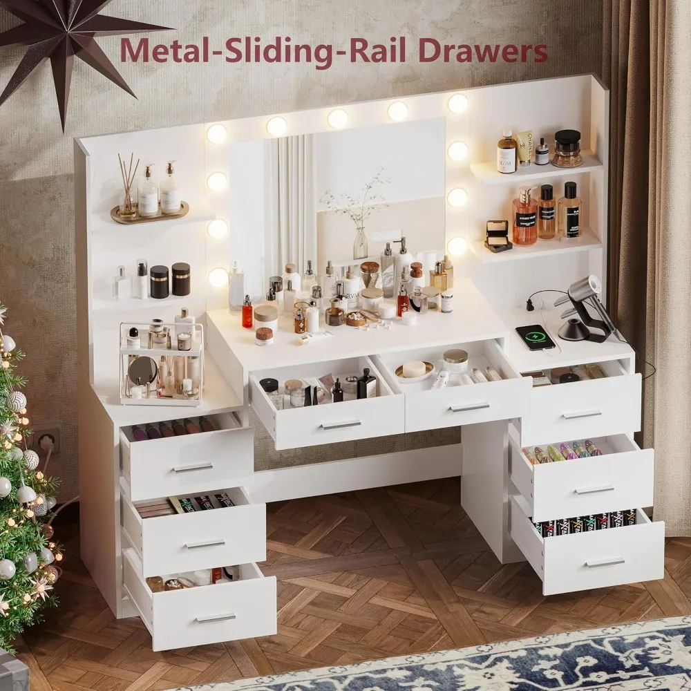 Makeup Vanity Table with Mirror & Lights, Vanity Desk with Power Strip, Large Drawer & Six Open Storage Dresser, Dressing Table
