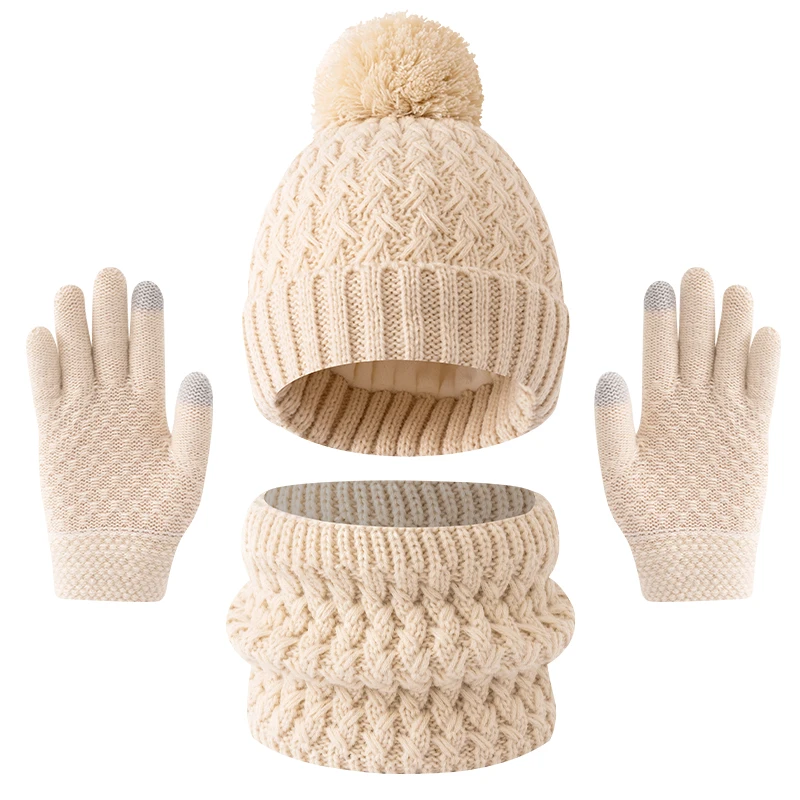 Set di cappelli, sciarpe e guanti per bambini, ragazzi e ragazze in tinta unita, pile e ispessiti 3pc3-12Y