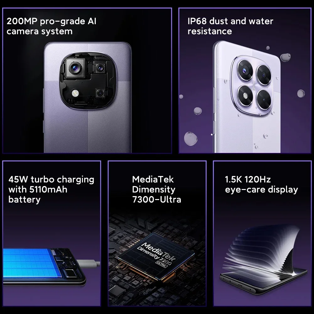 Xiaomi Redmi Note 14 Pro 5G Version européenne 256GB/512GB MTK Dimensity 7300-Ultra Écran AMOLED 6,67" 120Hz Caméra principale 200MP OIS Chargement 45W, IP68, NFC
