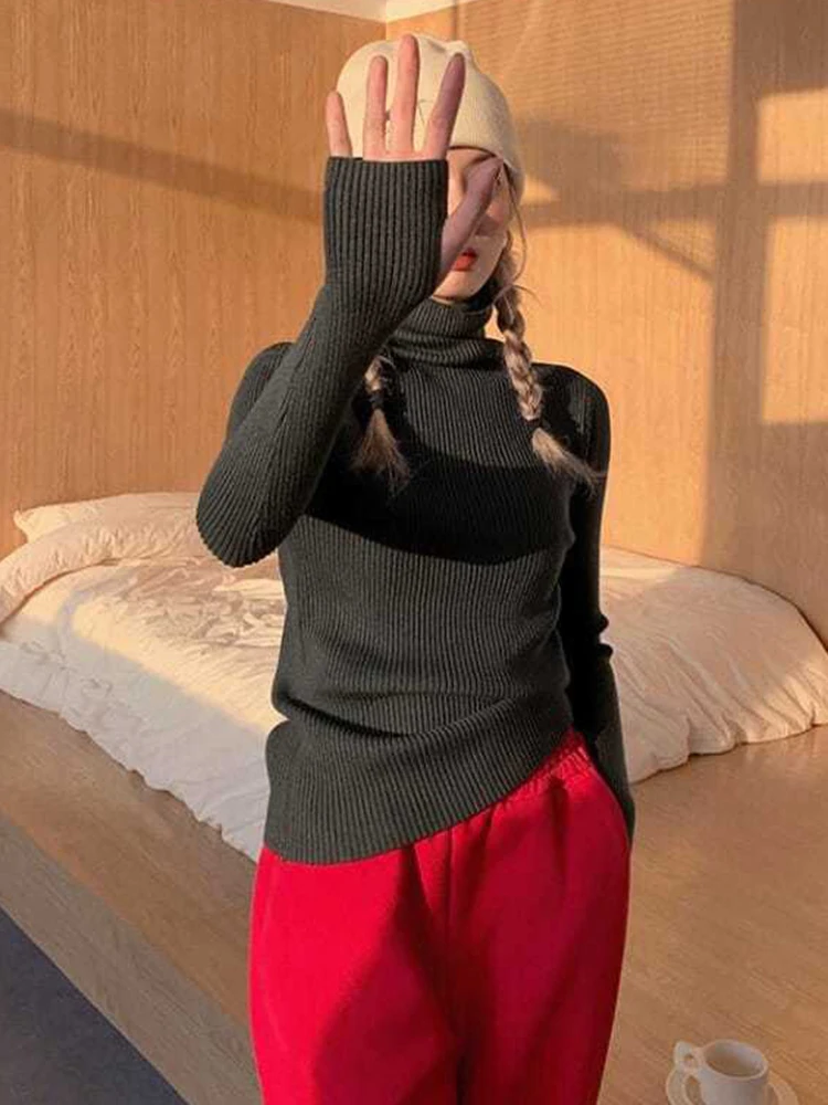 ถักเสื้อกันหนาวผู้หญิงเกาหลีรุ่นเสื้อคอเต่าฤดูหนาวสีทึบPullover SlimmingภายในLapping Warm Basic Tops