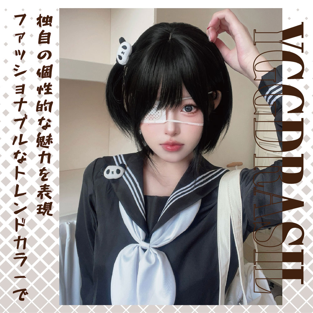 女性用フリンジ付き黒合成かつら,14インチ,美しいスタイル,ロリータ,ショート,ストレートヘア,日常使用,耐熱性