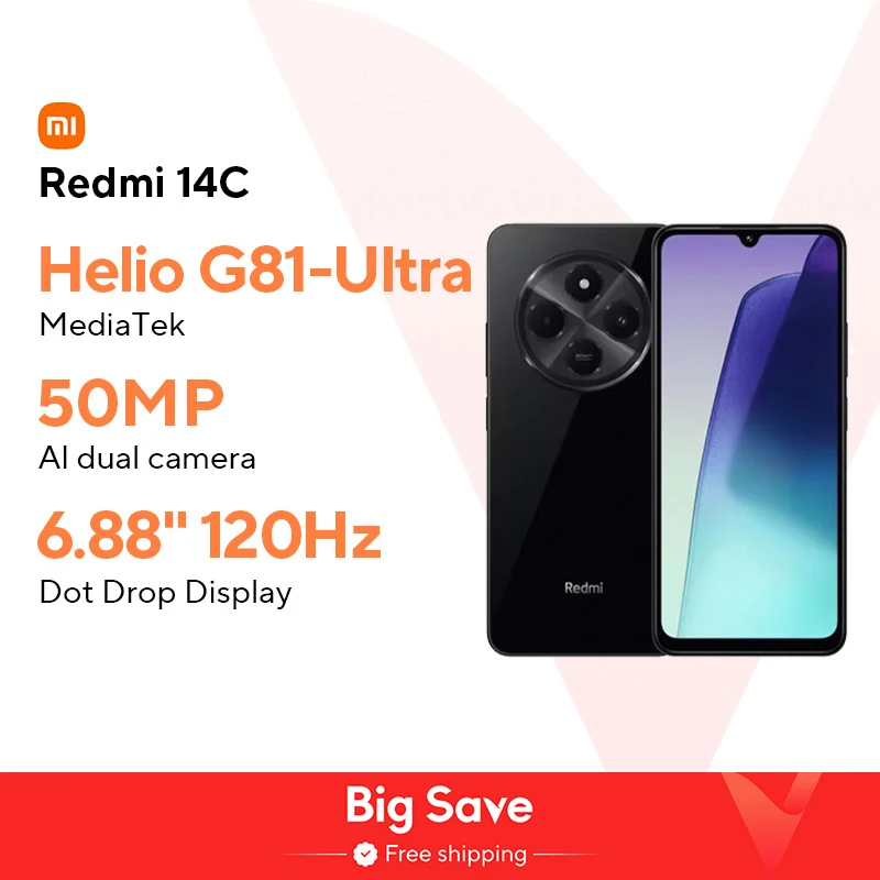 Глобальная версия Xiaomi Redmi 14C Смартфон погружения 6,88'' 120 Гц дисплей 50MP AI двойная камера массивный 5160mAh аккумулятор