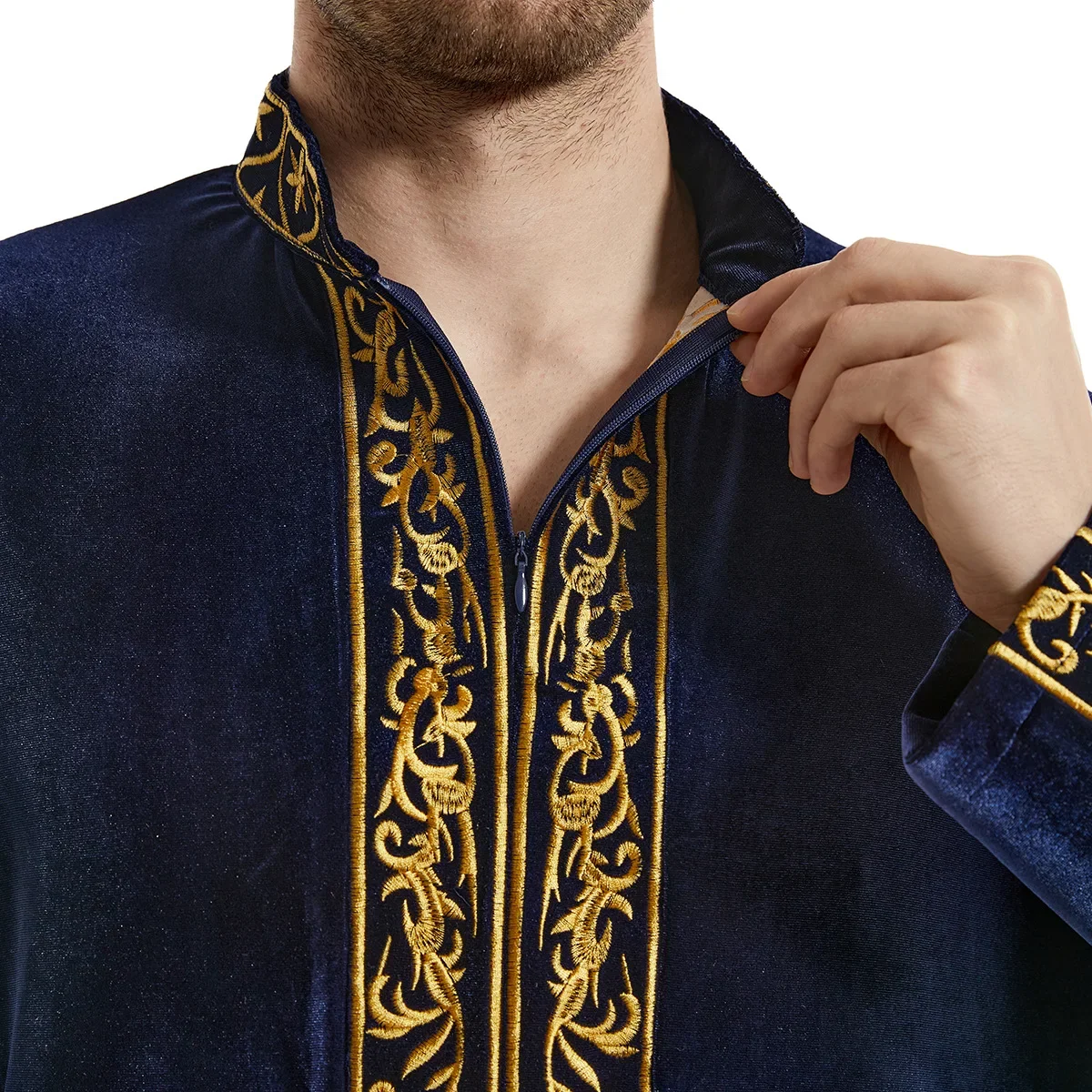 Masculino muçulmano gola bordado ramadan thobe com mangas compridas robe islâmico kaftan thawb dubai tornozelo comprimento abaya