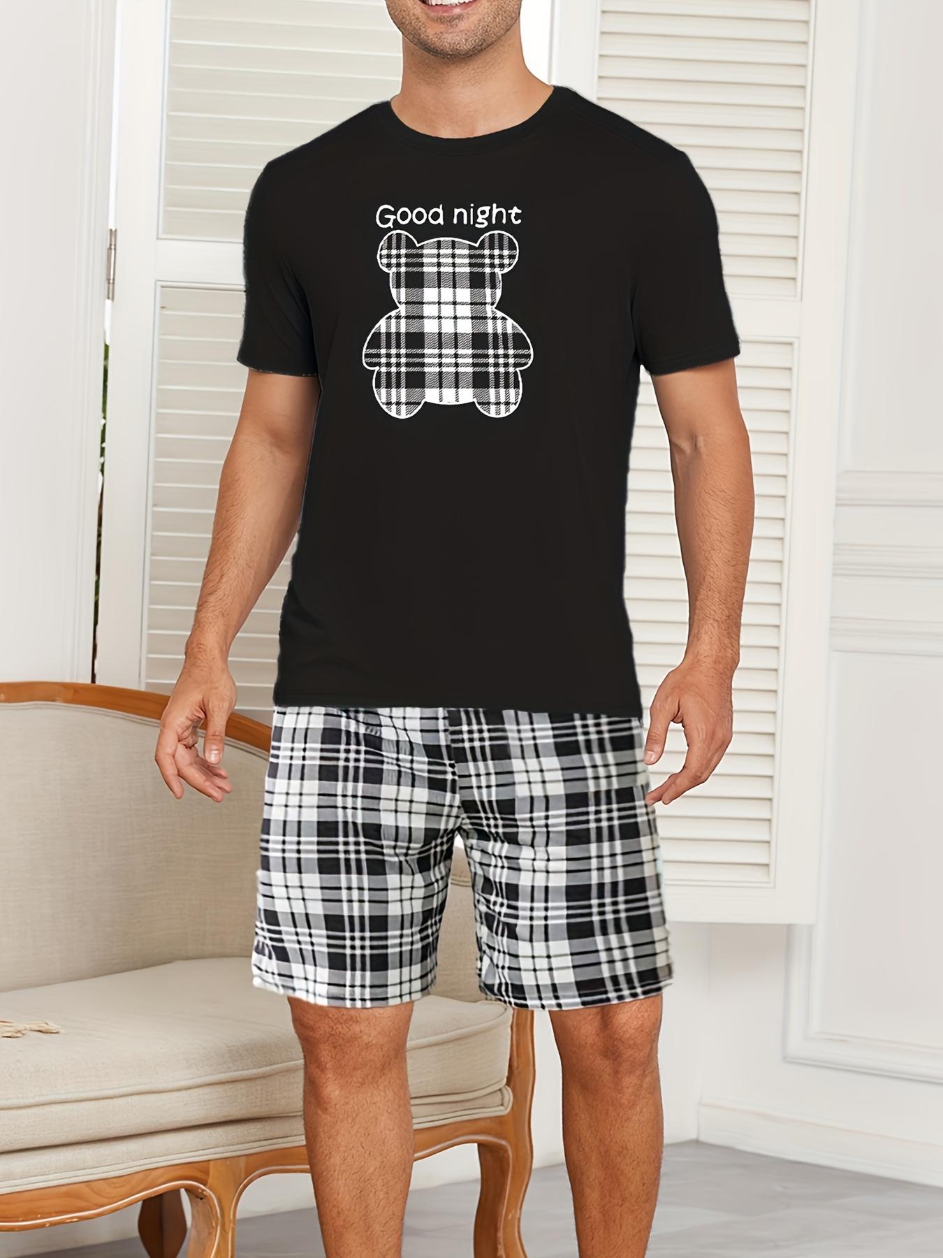 Męski zestaw piżam bawełnianych z nadrukiem niedźwiedzia z kreskówek – koszulka z krótkim rękawem i pasujące szorty |   Letnia odzież codzienna 2-częściowa