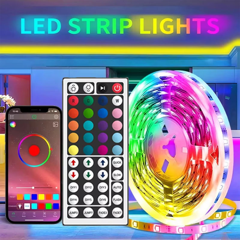 Tira de luces LED RGB de 10m SMD5050, cinta Flexible con diodo, aplicación Bluetooth, control remoto de 44 teclas para habitación, TV, decoraciones para fiesta de Navidad