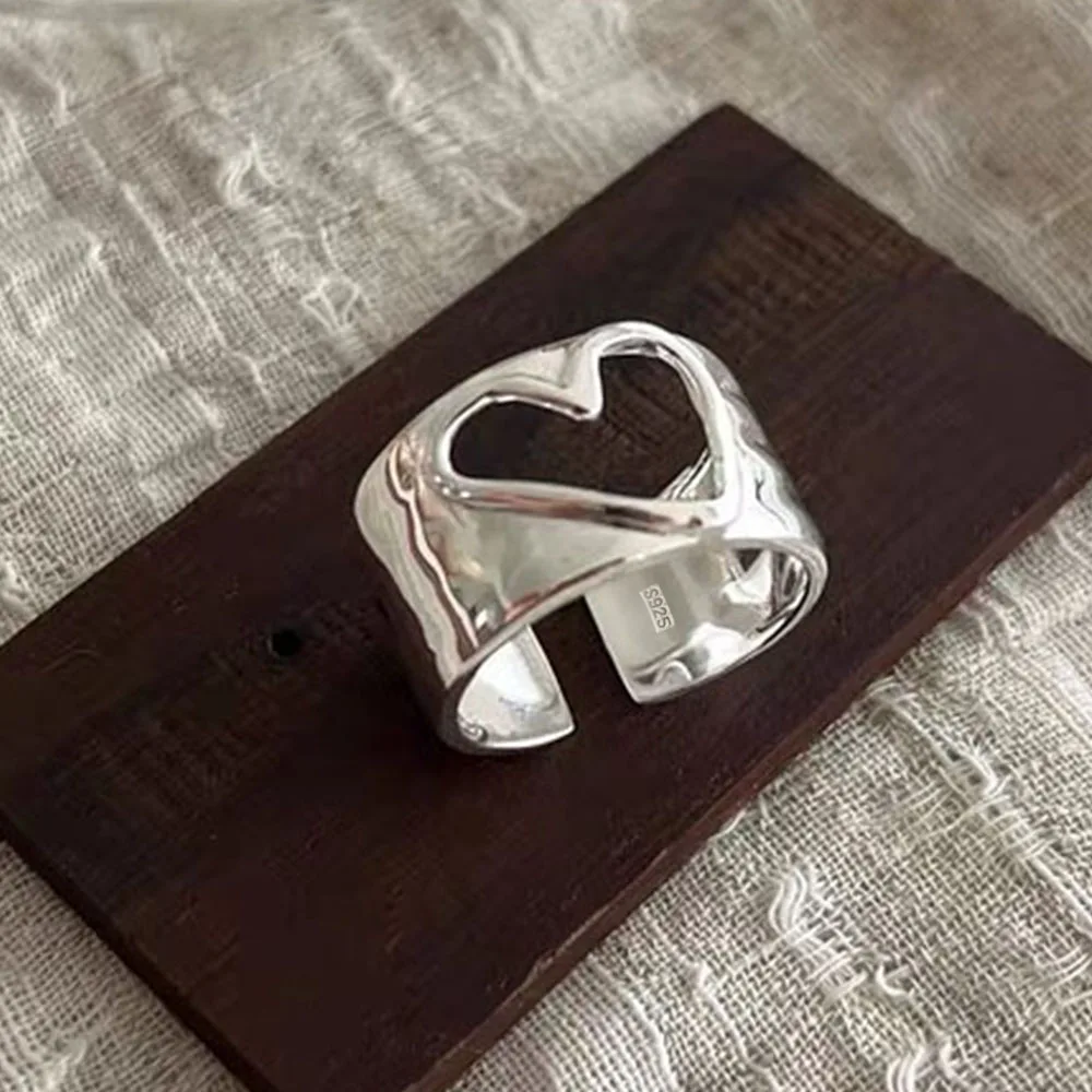 BF CLUB 925 Anillos de plata esterlina para mujer abierto minimalista Retro anillo de corazón Anillos creativos Bague joyería fina