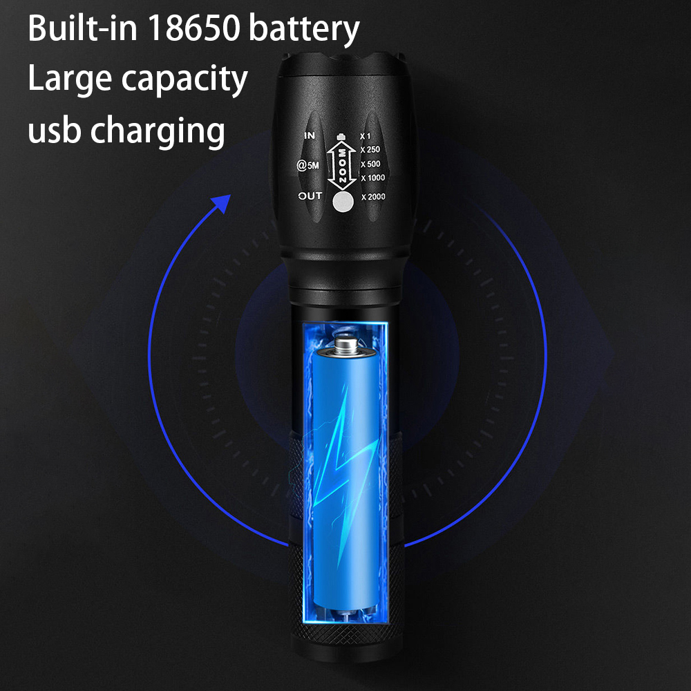Potente linterna LED, linterna portátil de aleación de aluminio, recargable por USB, luz de Flash táctica para acampar al aire libre