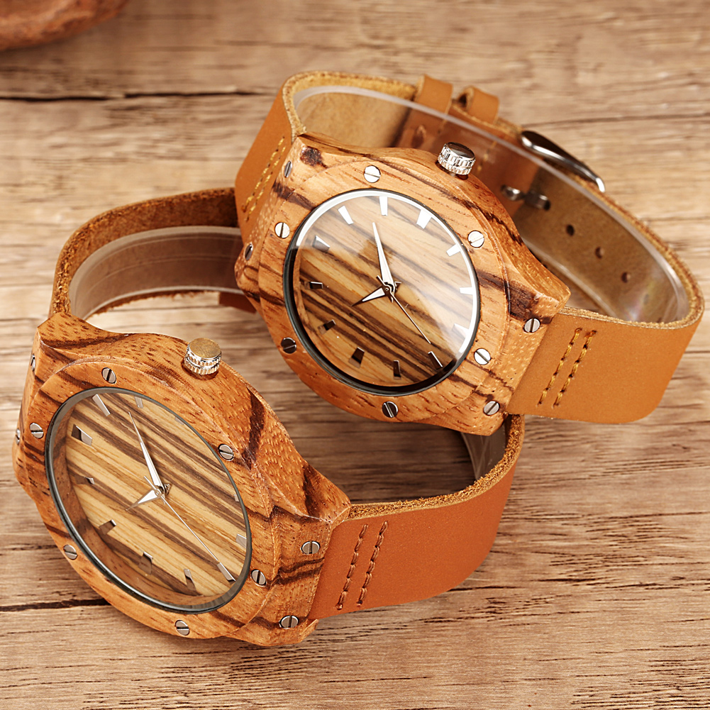 Винтажные часы в стиле панк из натуральной кожи Zebrawood, минималистичные наручные часы с круглым циферблатом для мужчин и женщин