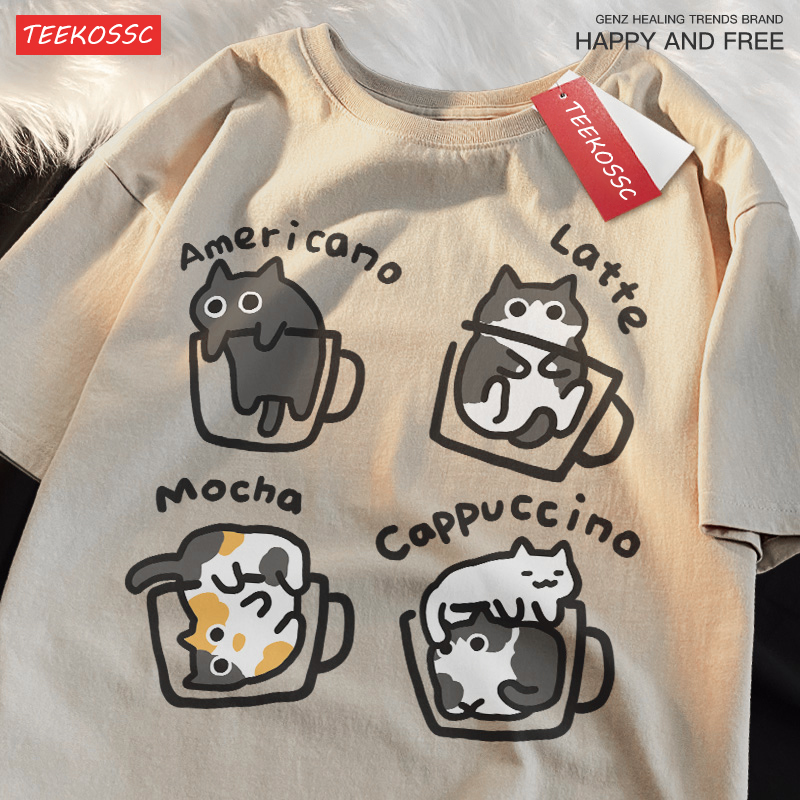 แมวกาแฟผ้าฝ้ายอินเทรนด์ฤดูร้อนหลวมแขนสั้นเสื้อยืดผู้ชายผู้หญิง Original Mocha Latte แมวสามดอกไม้สนุก Cat Tees