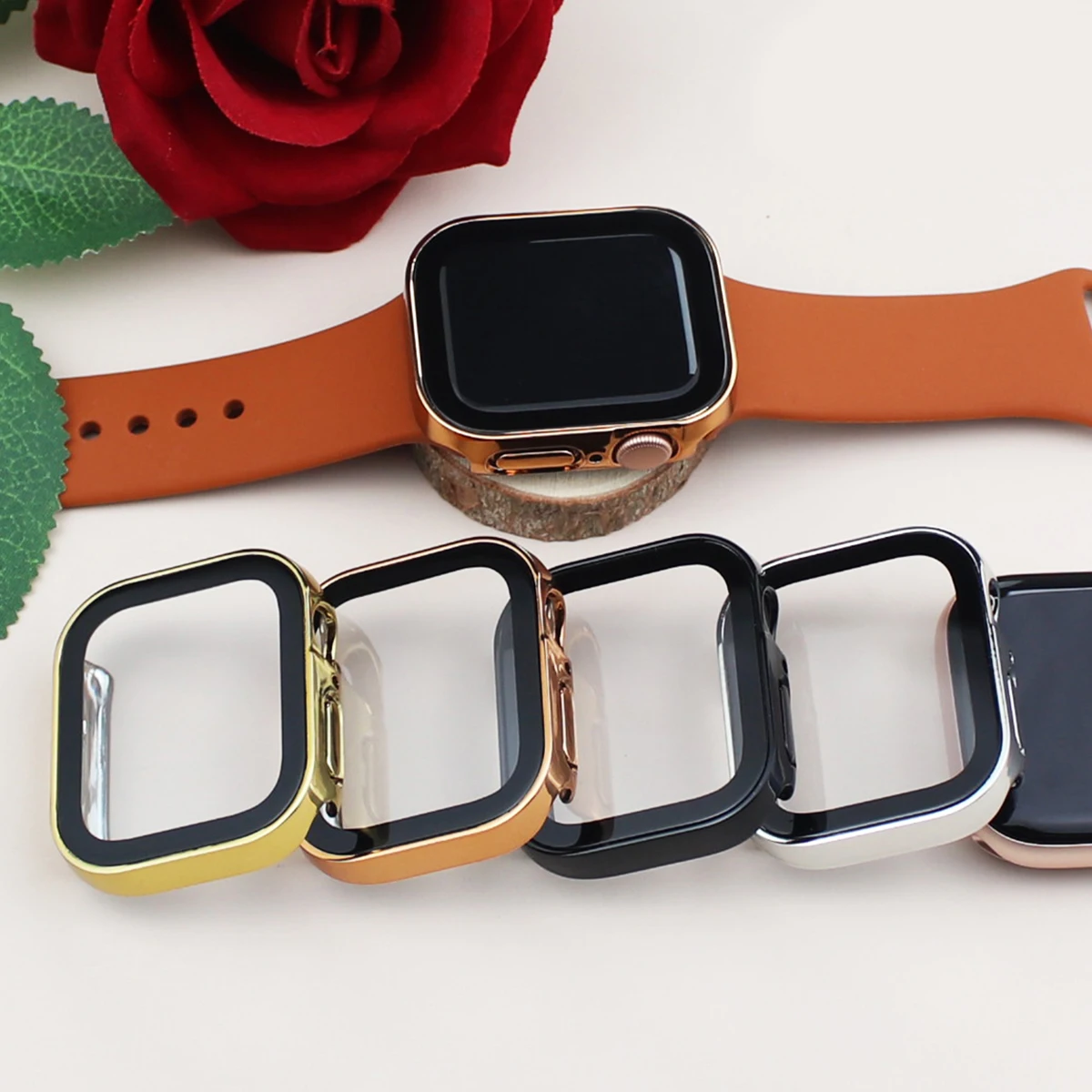 Funda impermeable para Apple Watch 7 8 9 45mm 41mm 10 46mm 42mm Protector de pantalla de cristal + cubierta parachoques para iWatch 4 5 SE 6 44mm 40mm