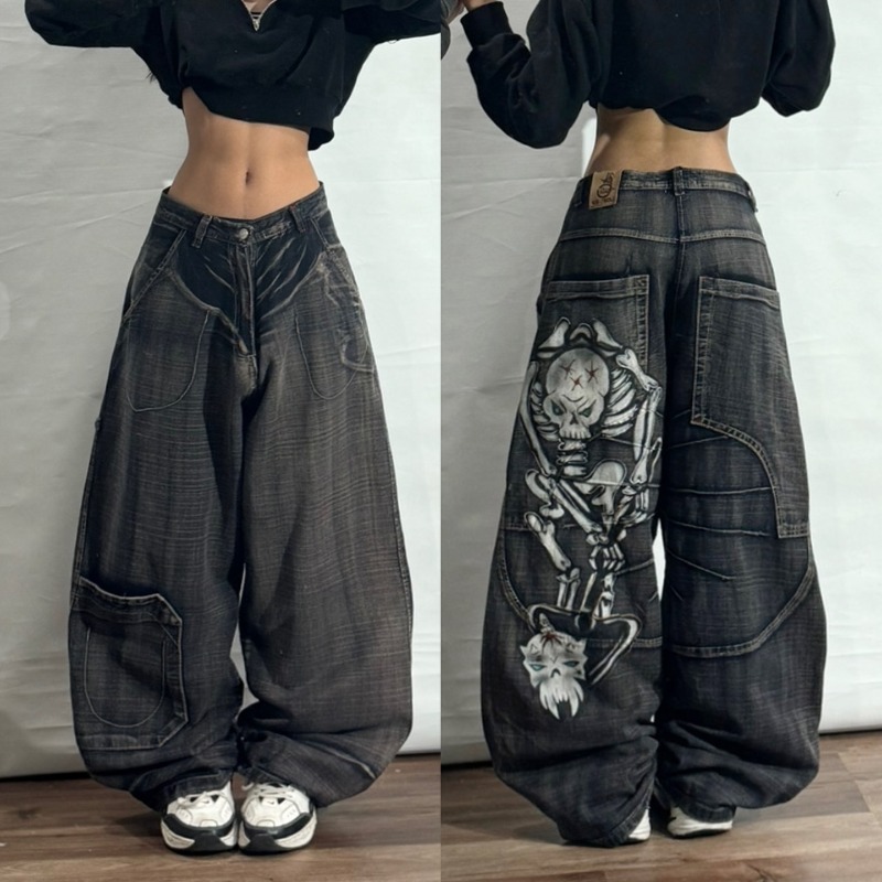 Y2k americano nova moda oversized impresso lavado preto baggy jeans feminino gótico harajuku vintage rock cintura alta calças de perna larga
