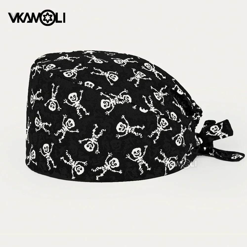 ฮาโลวีนพิมพ์หมวกผ่าตัดผู้หญิงและชายทางการแพทย์ขัดหมวก Skull พิมพ์หมวกศัลยกรรม Shop Lab ความงามทํางานอุปกรณ์เสริม