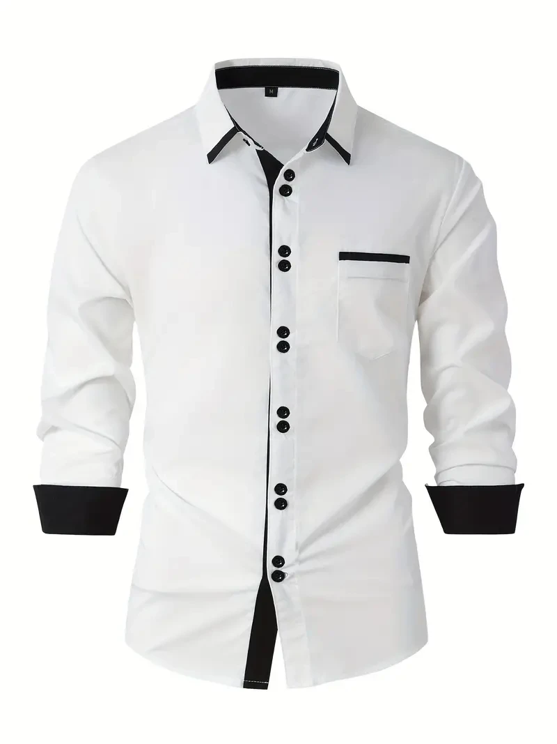 Camisa de algodón informal de negocios para hombre con bolsillo, solapa a juego, cómoda camiseta de manga larga para vacaciones