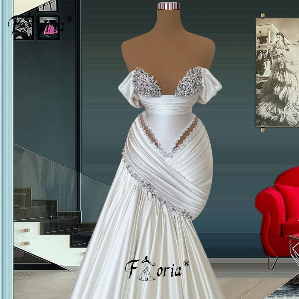 Vestido de cetim com pérolas brancas e cristal, trem longo, pregas frisadas, vestido de festa, moda casamento, novo