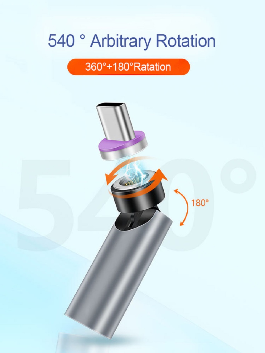 540 °   Cable magnético giratorio de grado, adaptador PD 5A de carga rápida para accesorios de teléfono móvil, conector de Cable de transferencia de datos tipo C