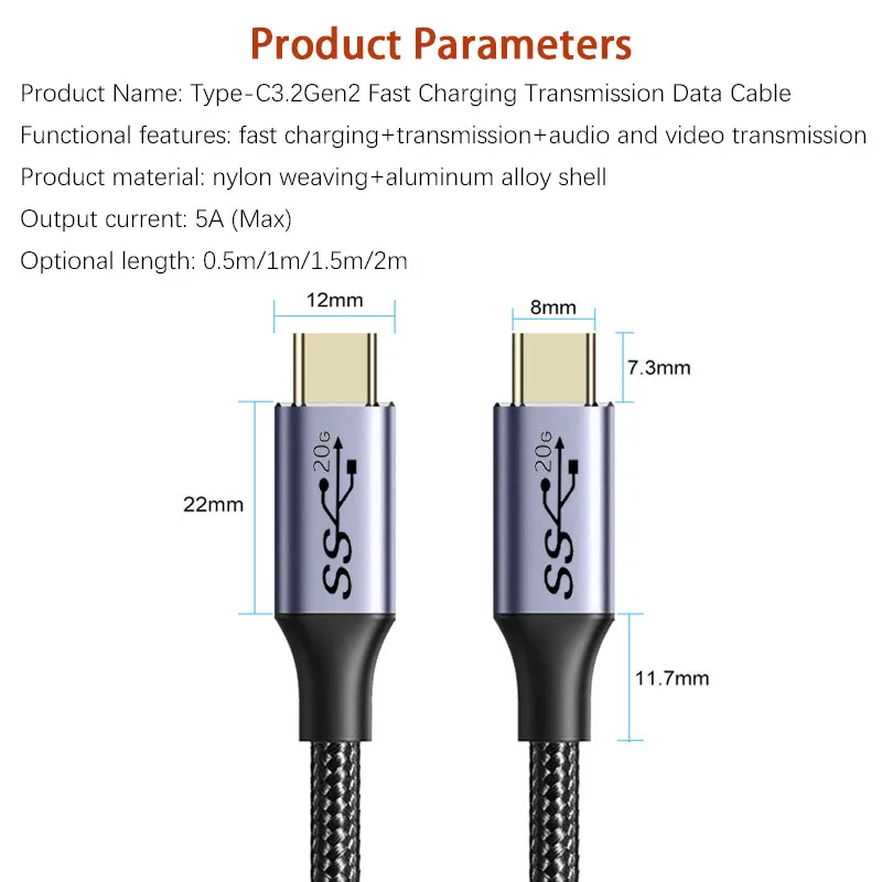 Cable de extensión USB 3,2 tipo C, Cable de datos extensor USB C a tipo c macho a hembra, Cable de carga USB-C de carga rápida 4K PD100W