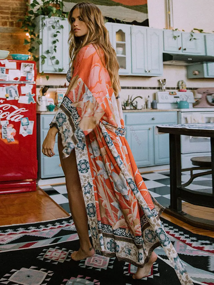2023 Bikini Bao-Bộ Lưu Điện Hồng Boho In Tự Thắt Lưng Trước Mở Dài Kimono Áo Đi Biển Thun Nữ Quần Bơi bao Da Lên Q996