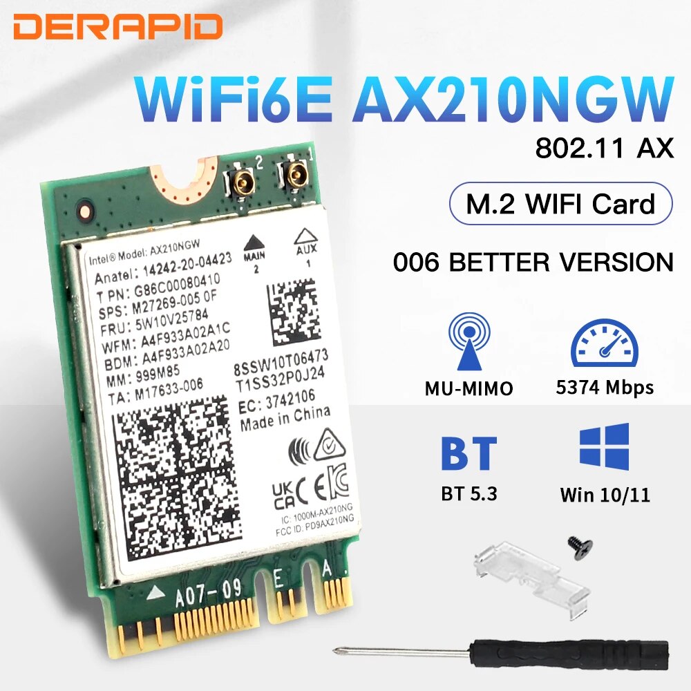 Adaptador WiFi 6E AX210NGW NGFF sin cables Bluetooth 5,3 WiFi6 5374Mbps 2,4G/5G/6GHz 802.11AX para escritorio/portátil para Win10/11