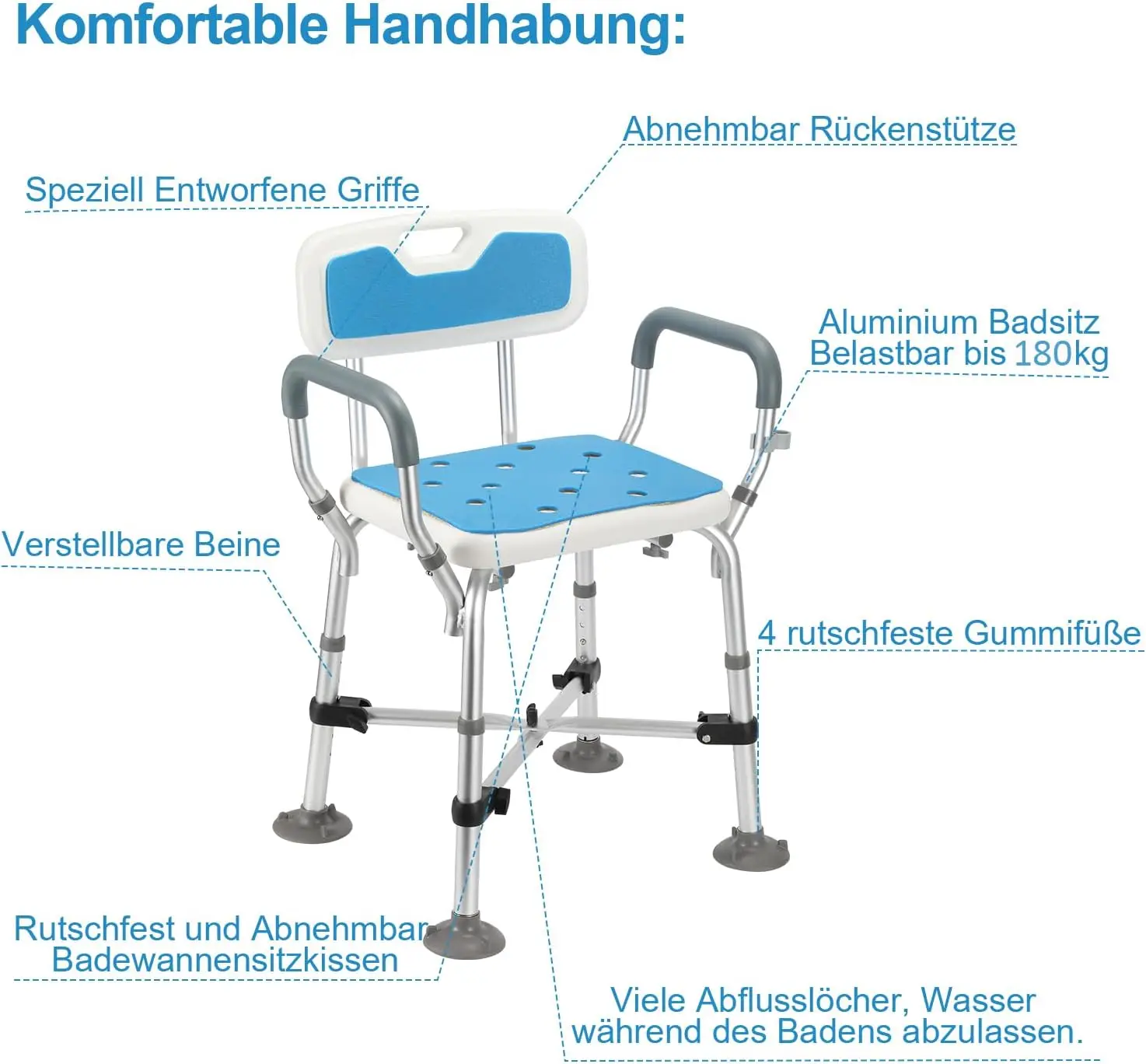 Shower Stool Height Adjustable Showerstuhl, Anti-Slip Shower Aid,Bath Stool with Armrest,Bath Stool Mit Cross Support,Badsitz for Se