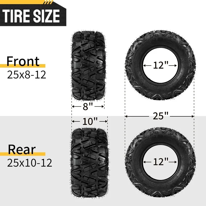 Complete Set of 4 All Terrain ATV UTV Tires 25x8-12 Front & 25x10-12 Rear 6PR Tubeless US(Origin)