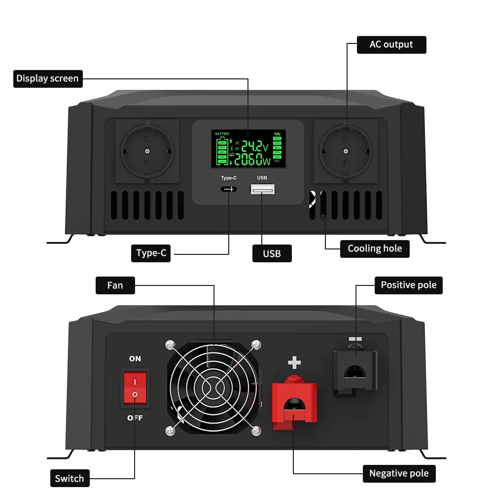 DATOU BOSS reiner Sinus-Wechselrichter, 12 V, 24 V, 1200 W, 2300 W, zwei Spannungen, unterstützt DC-Wechselstrom-Wechselrichter, 12 V auf 220 V, EU-Spitzenleistung 4000 W