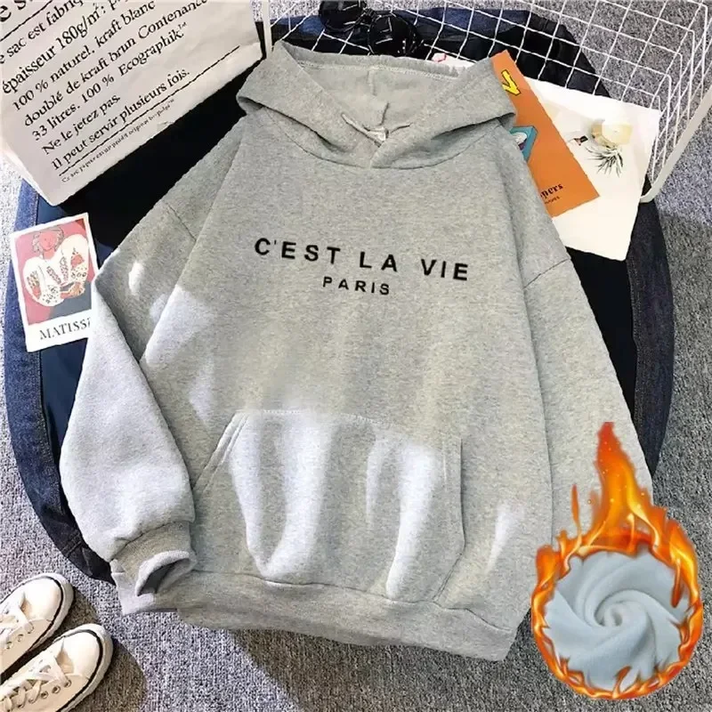 2024ฤดูใบไม้ร่วงฤดูหนาวผู้หญิงขนแกะHoodiesหนาหญิงแขนยาวHoodedเสื้อลําลองพิมพ์LadyหลวมPullover Tops