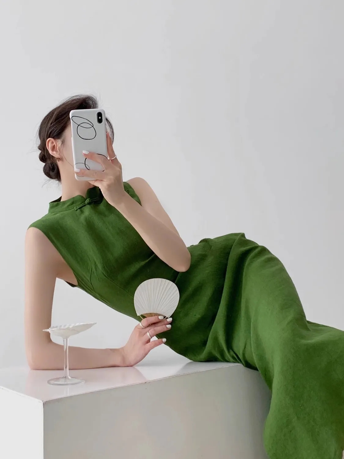 Qipao-女性のための自然文学アートドレス,古着,セクシー,ノースリーブ,ウエスト,スリット,日常,レジャー,2024