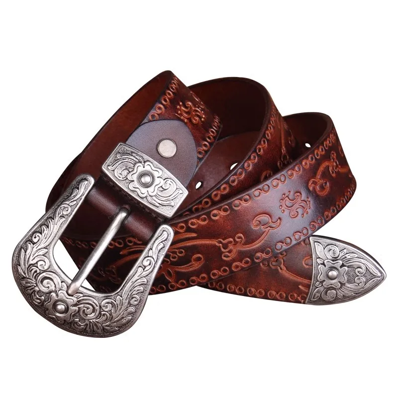 Cinturón con hebilla de acero de vaquero occidental en relieve estilo clásico de alta calidad, cinturón de diseñador de cuero genuino para hombres, cinturones vaqueros Punk para hombres