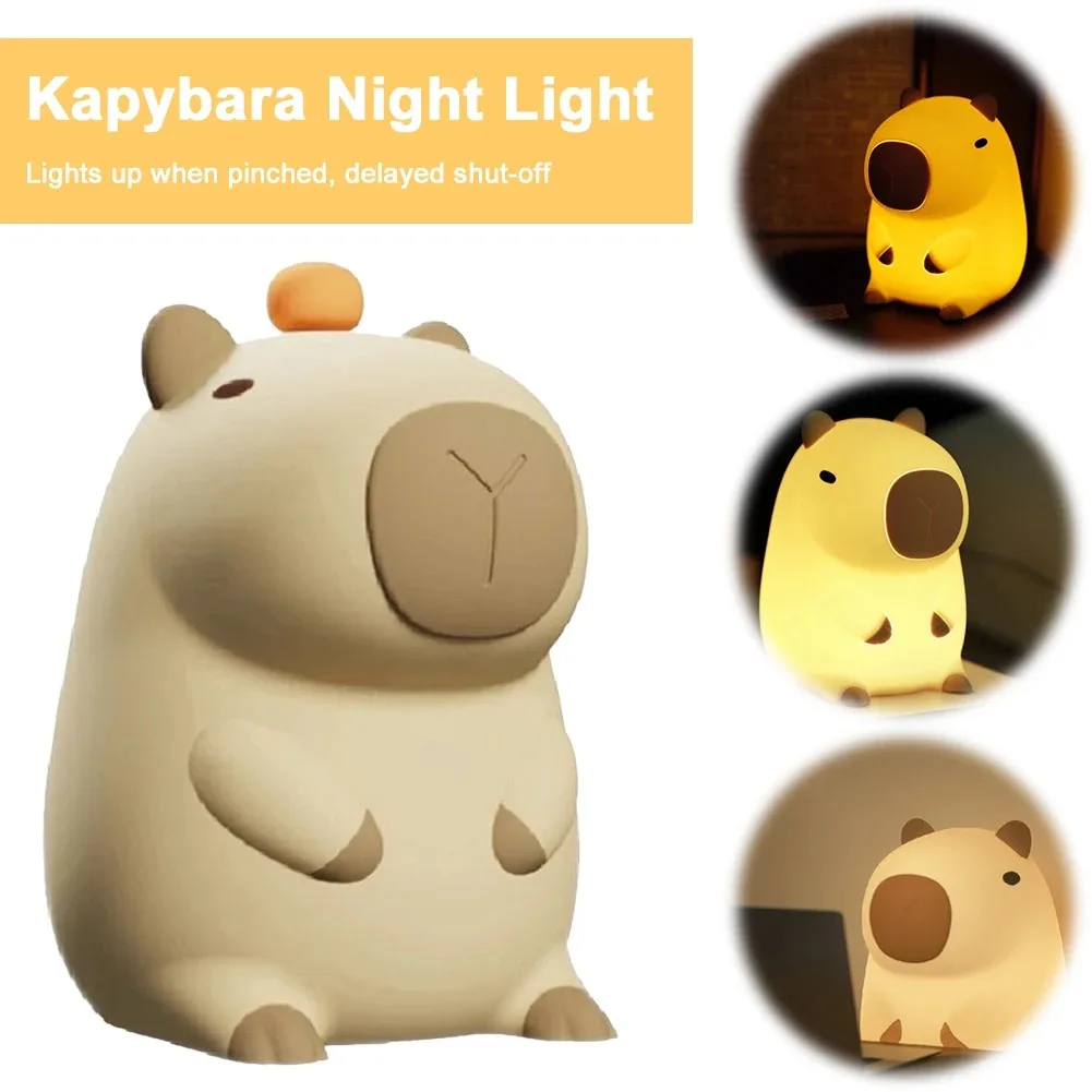 Adorable luz nocturna LED de capibara, lámpara de animales de silicona suave, regulable y recargable, luz de noche con control táctil para niños Ro