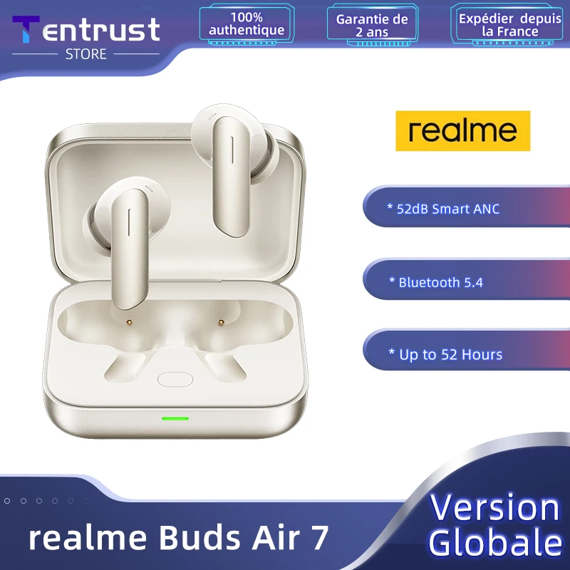 Wersja globalna realme Buds Air 7 52dB Inteligentna aktywna redukcja szumów 12,4 mm Głośnik niskotonowy Bluetooth5.4 360° Przestrzenny efekt dźwiękowy Słuchawki IP55